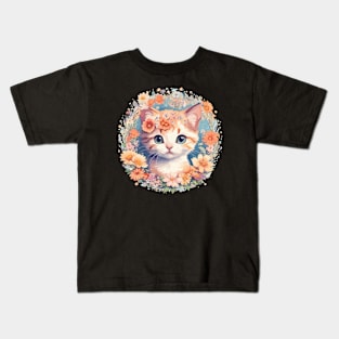 Cute cat with flowers circle Kids T-Shirt